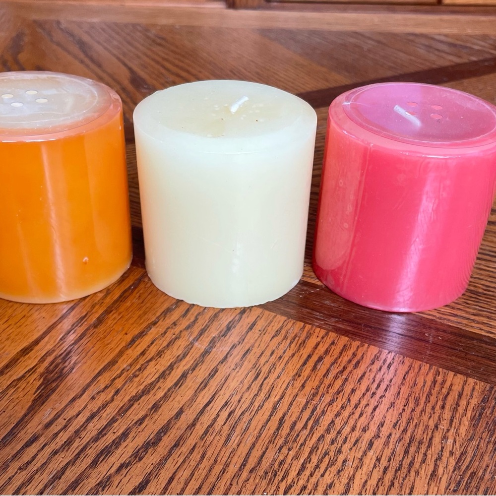 White Barn 3” x 3” Candle Set of 3. Orange, Cream, and Pink. Brand New